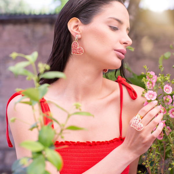 CONJUNTO ATRAPASUEÑOS AROS + ANILLO COLGANTE ROJO